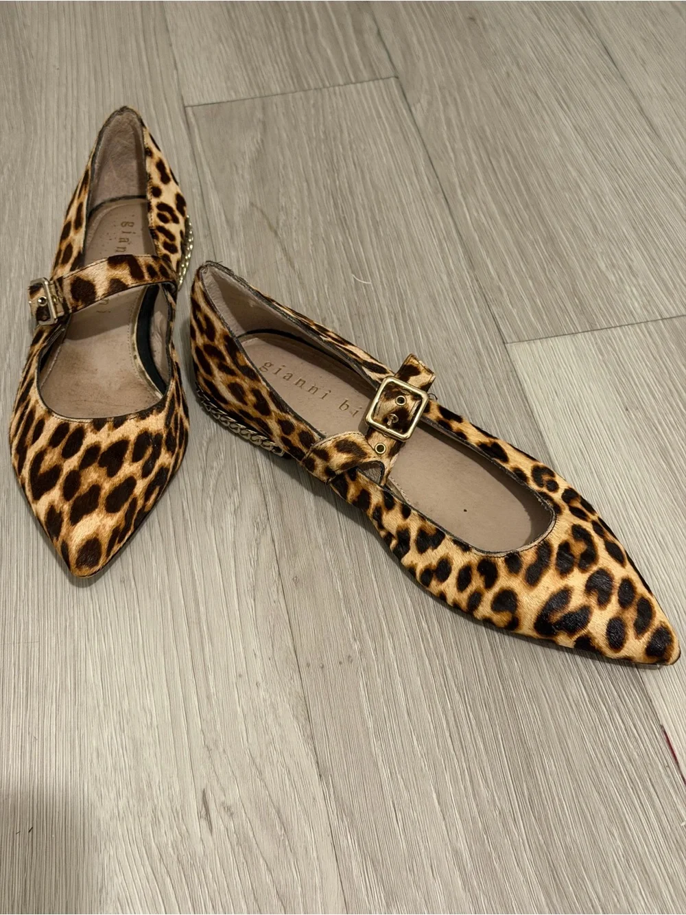Gianni Bini Leopard-Print Pointed Mary Jane Flats in Tan and Black